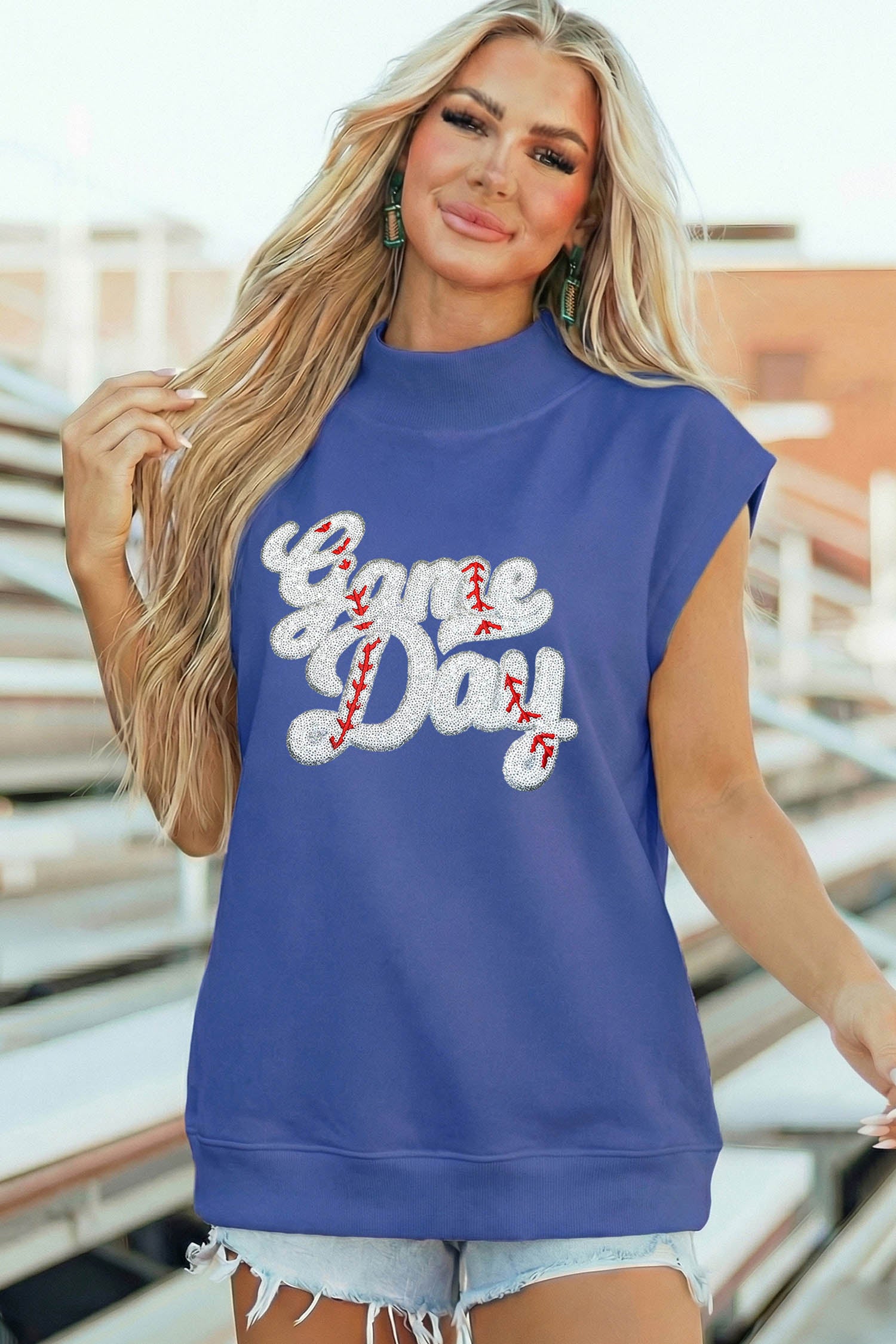 Sky Blue Sequin Game Day Slogan High Neck Short Sleeve Top