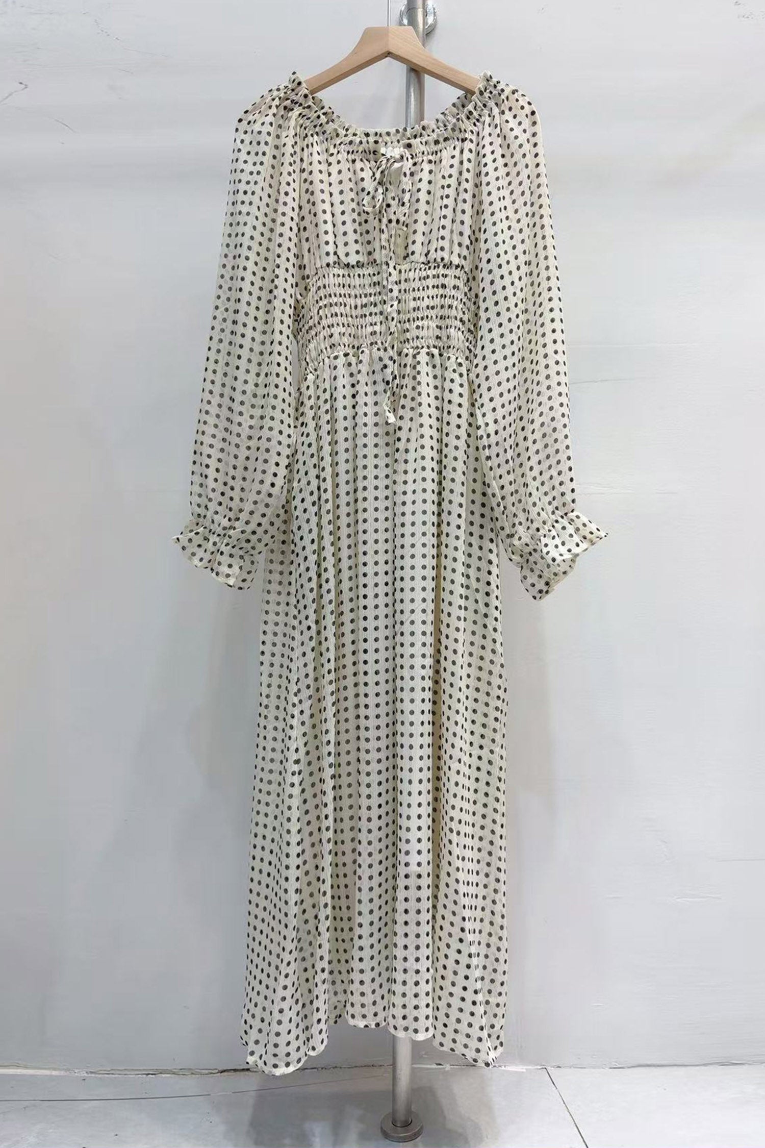 White Polka Dot Cinched Waist Long Sleeve Maxi Dress