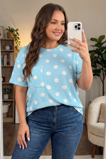 Sky Blue Twisted Rib Polka Dot Print Plus Size T Shirt