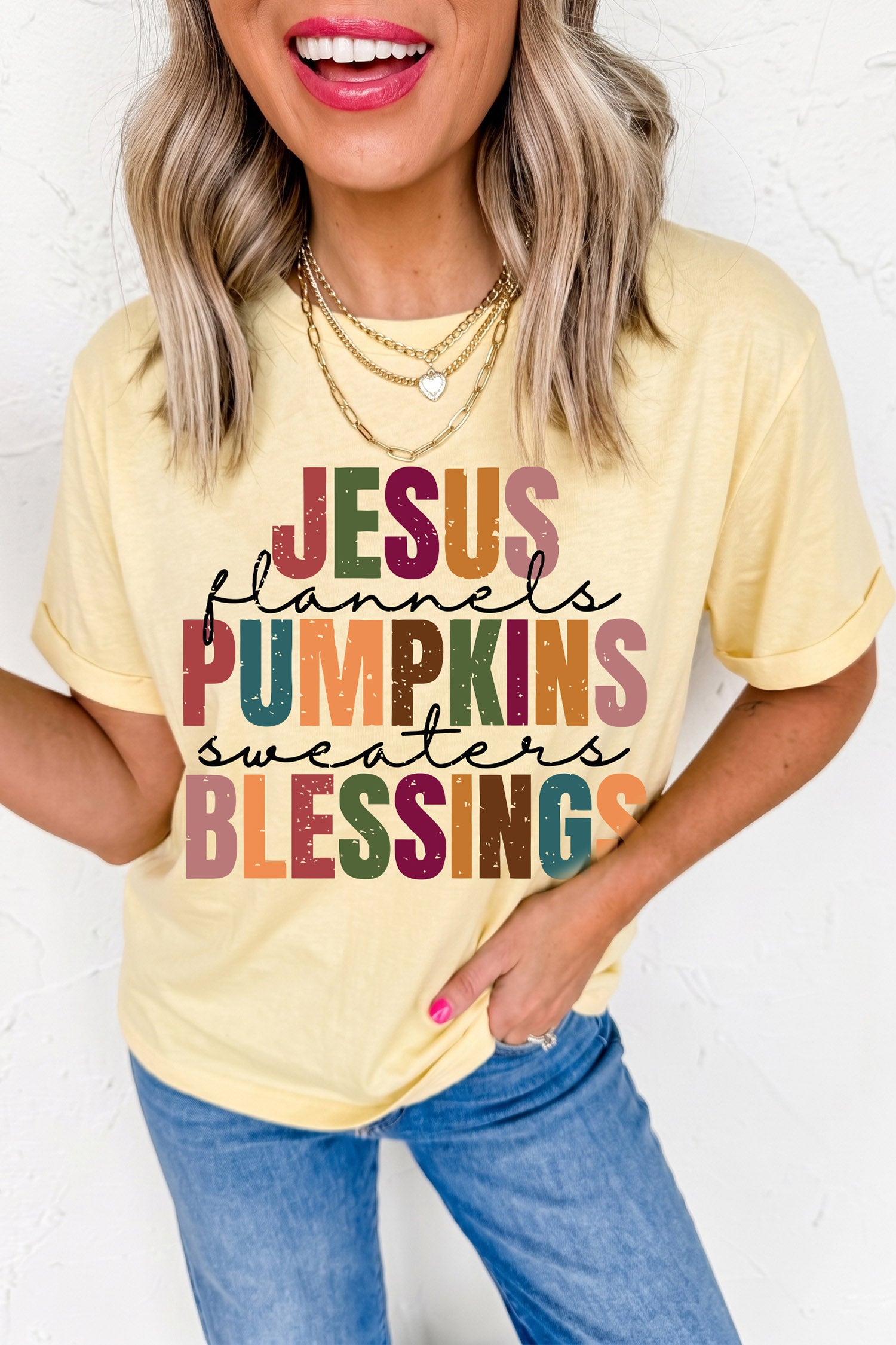Yellow Cream Thanksgiving Slogan Printed Fall Themed Graphic Tee