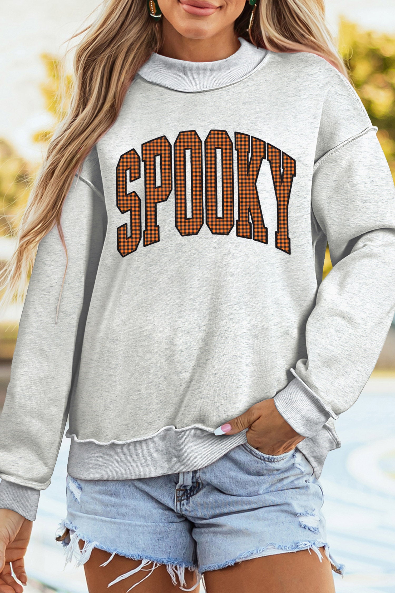 Light Grey Halloween Slogan Print Mock Neck Reversible Sweatshirt