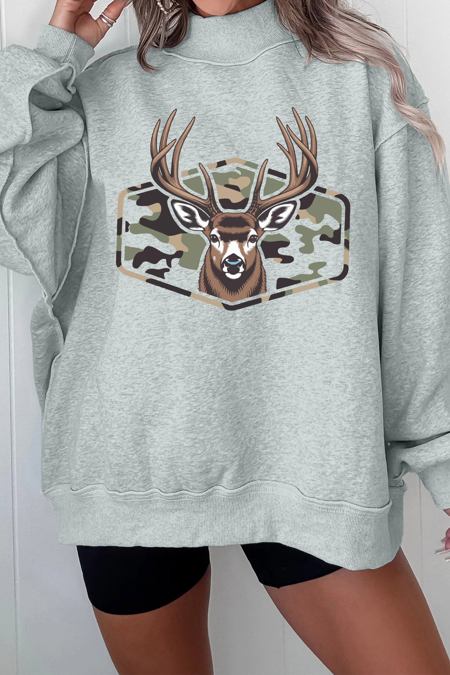 Gray Oversize Camouflage Reindeer Print Mock Neck Sweatshirt