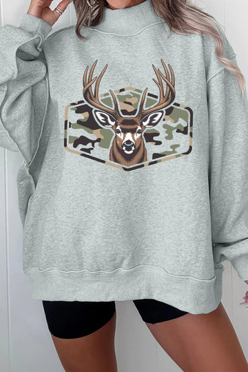 Gray Oversize Camouflage Reindeer Print Mock Neck Sweatshirt