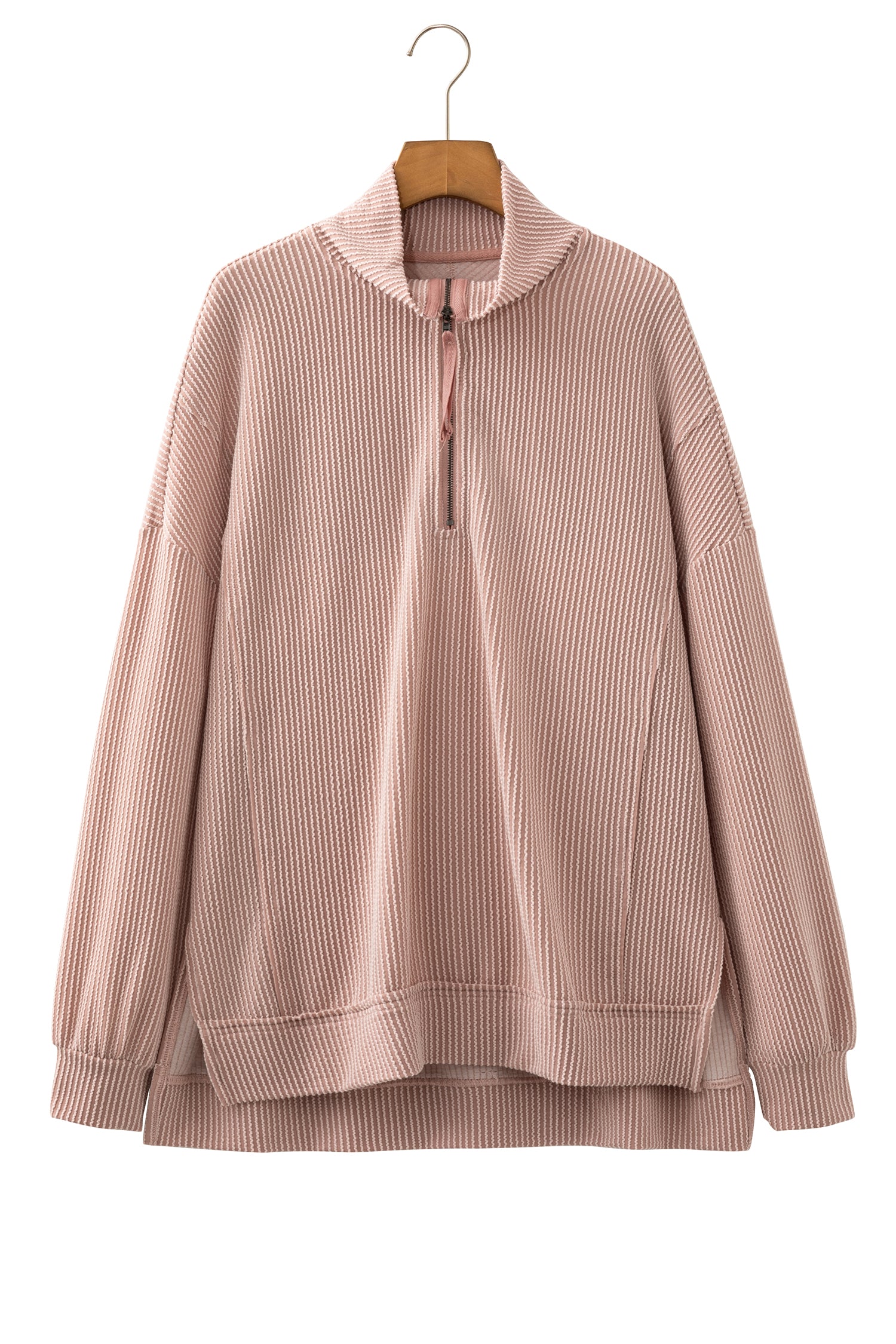 Oatmeal Twist Ribbed Zipper Collar Drop Shoulder Long Sleeve Top