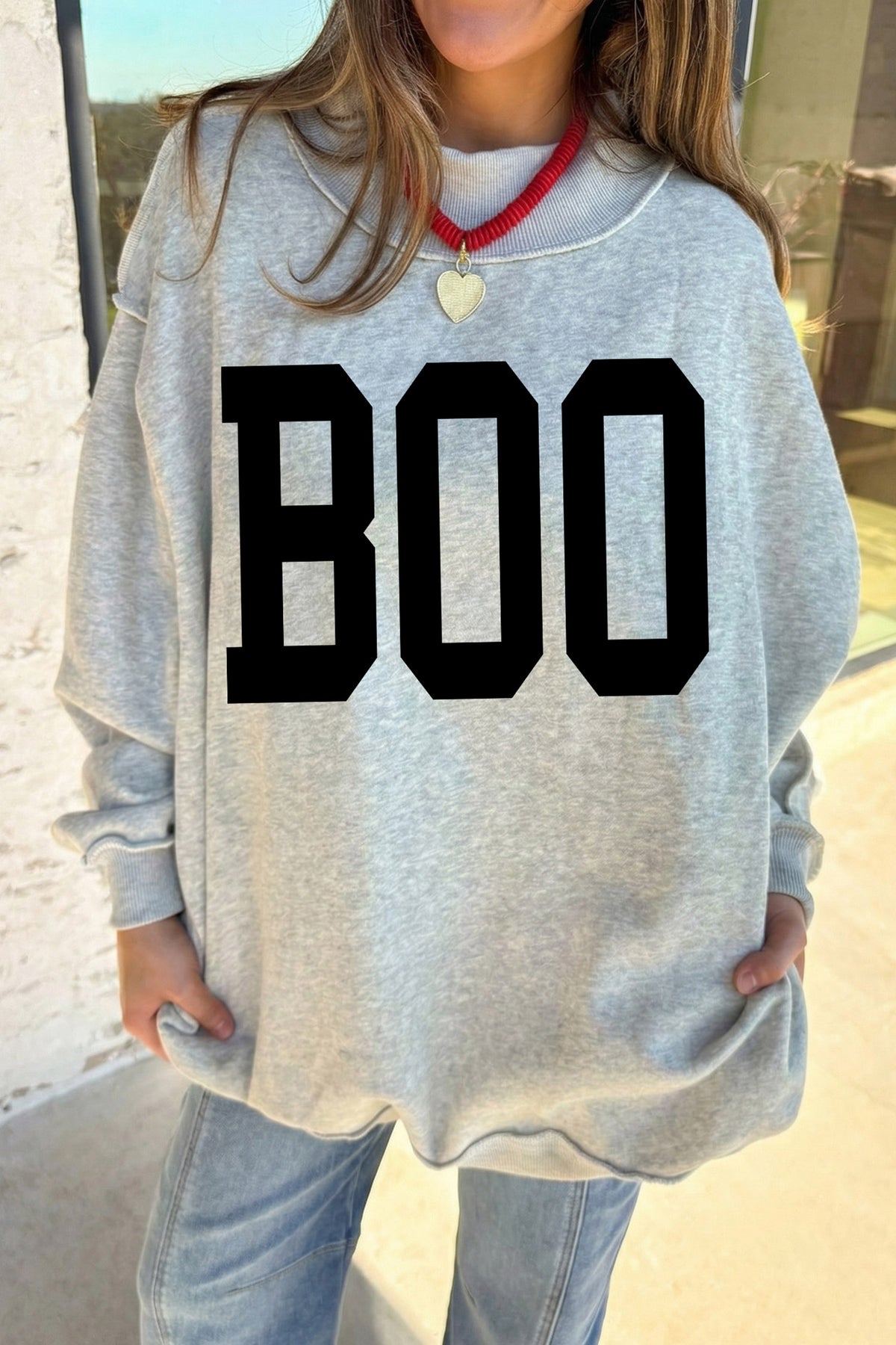 Light Grey BOO/ Halloween Bat Printed Reversible Mock Neck Pullover Sweatshirt