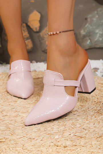Pink Block Heel Pointed Toe Slip-on Mules PU Leather Shoes