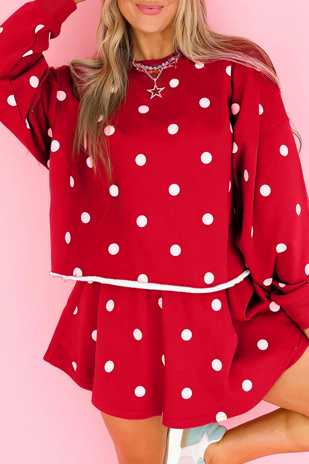 Red Polka Dot Raw Hem Relaxed Pullover Loose Skort Two Piece Set