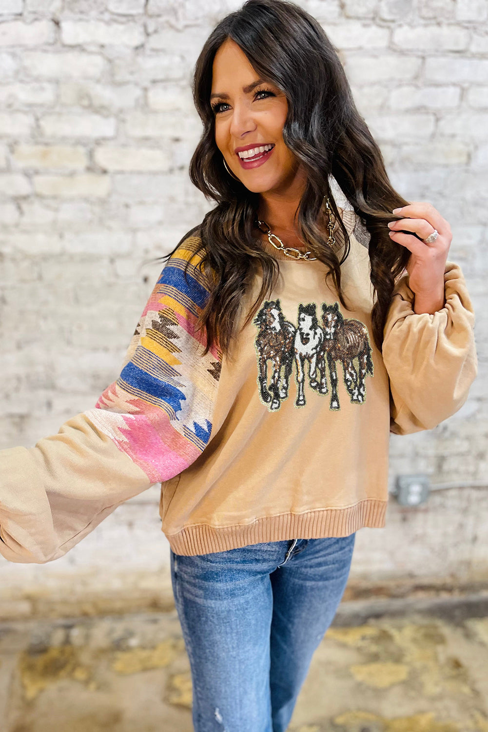 Light French Beige Sequined Western Horses Graphic Aztec Bubble Sleeve Western Fashion Sweatshirt