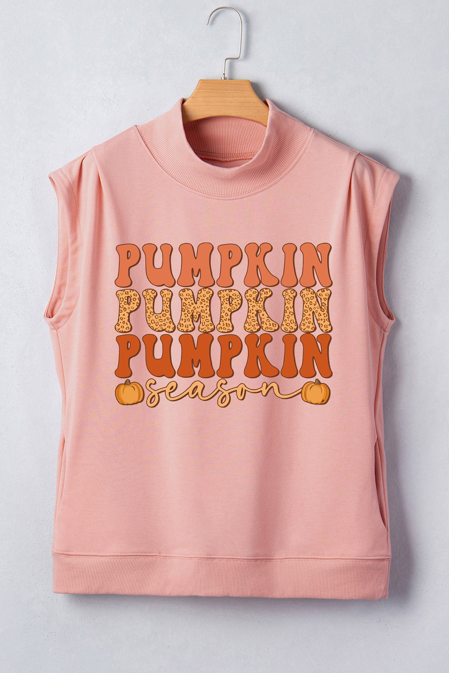 Pink Pumpkin Season Print Graphic Mock Neck T Shirt