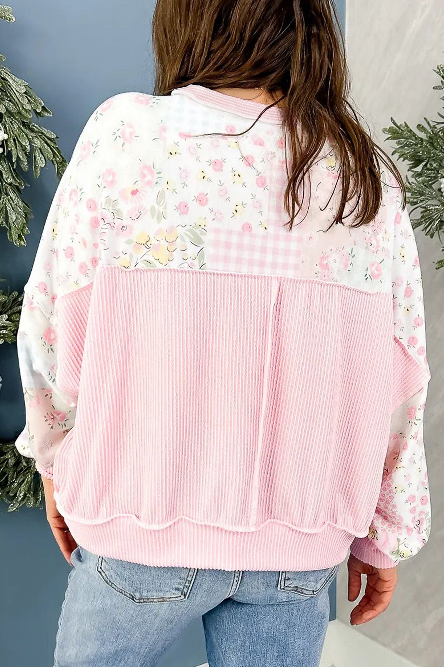 Pink PRAY Graphic Floral Mixed Print Patchwork Knit Top