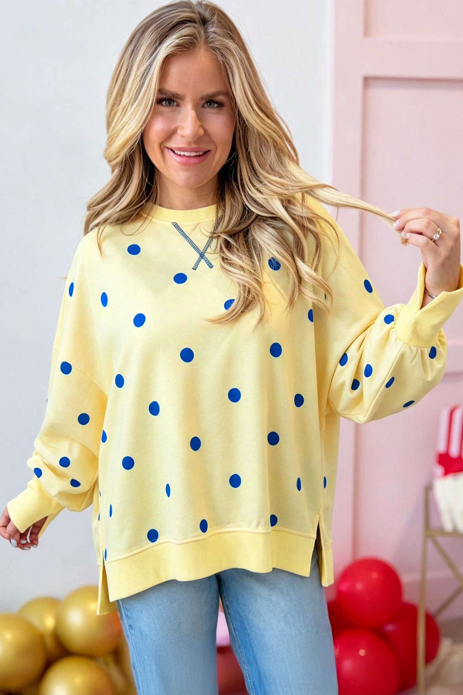 Yellow Loose-fit Long Sleeve Round Neck Polka Dot Tunic Sweatshirt