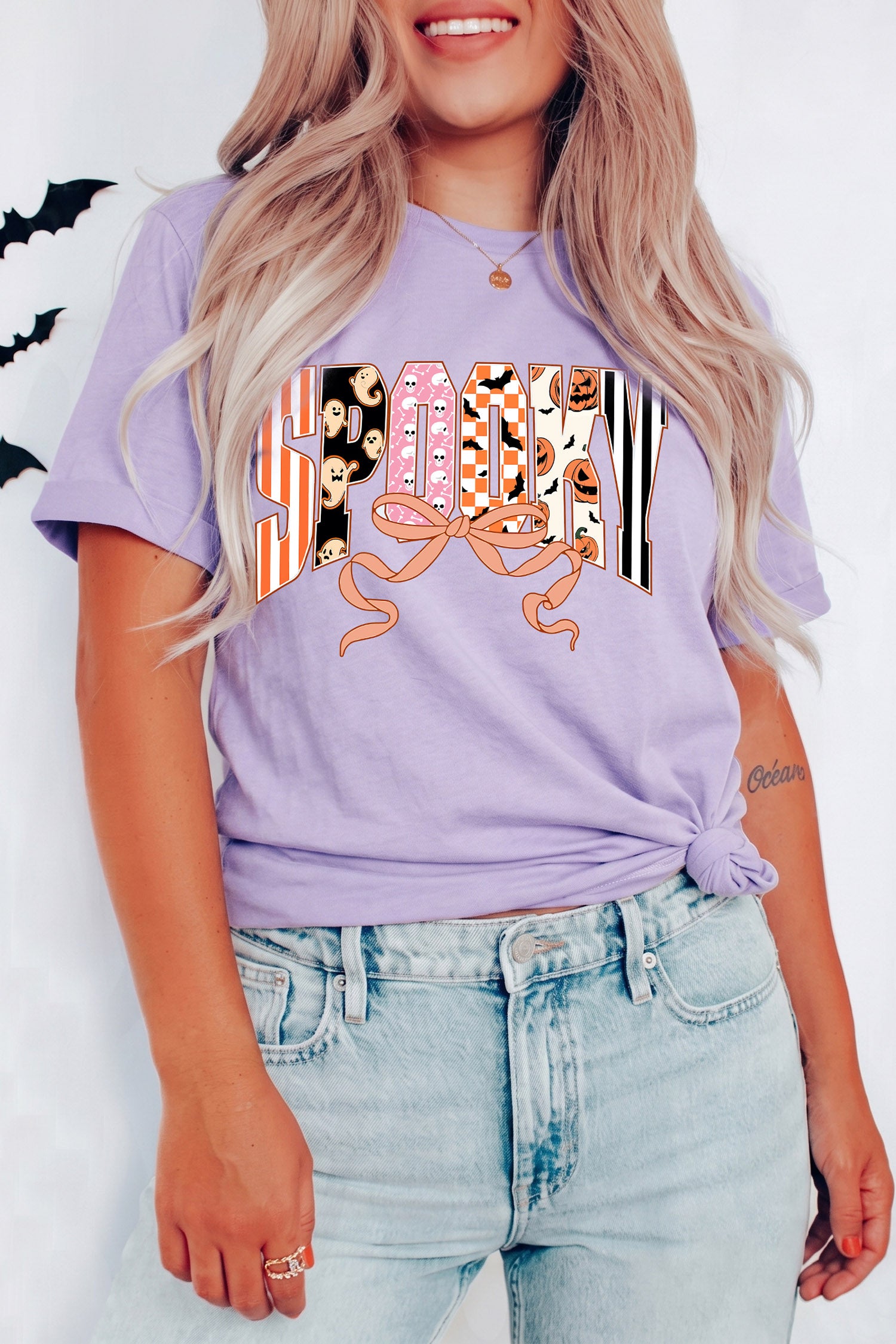 Orchid Petal Spooky Letter Print Round Neck Casual Halloween T Shirt