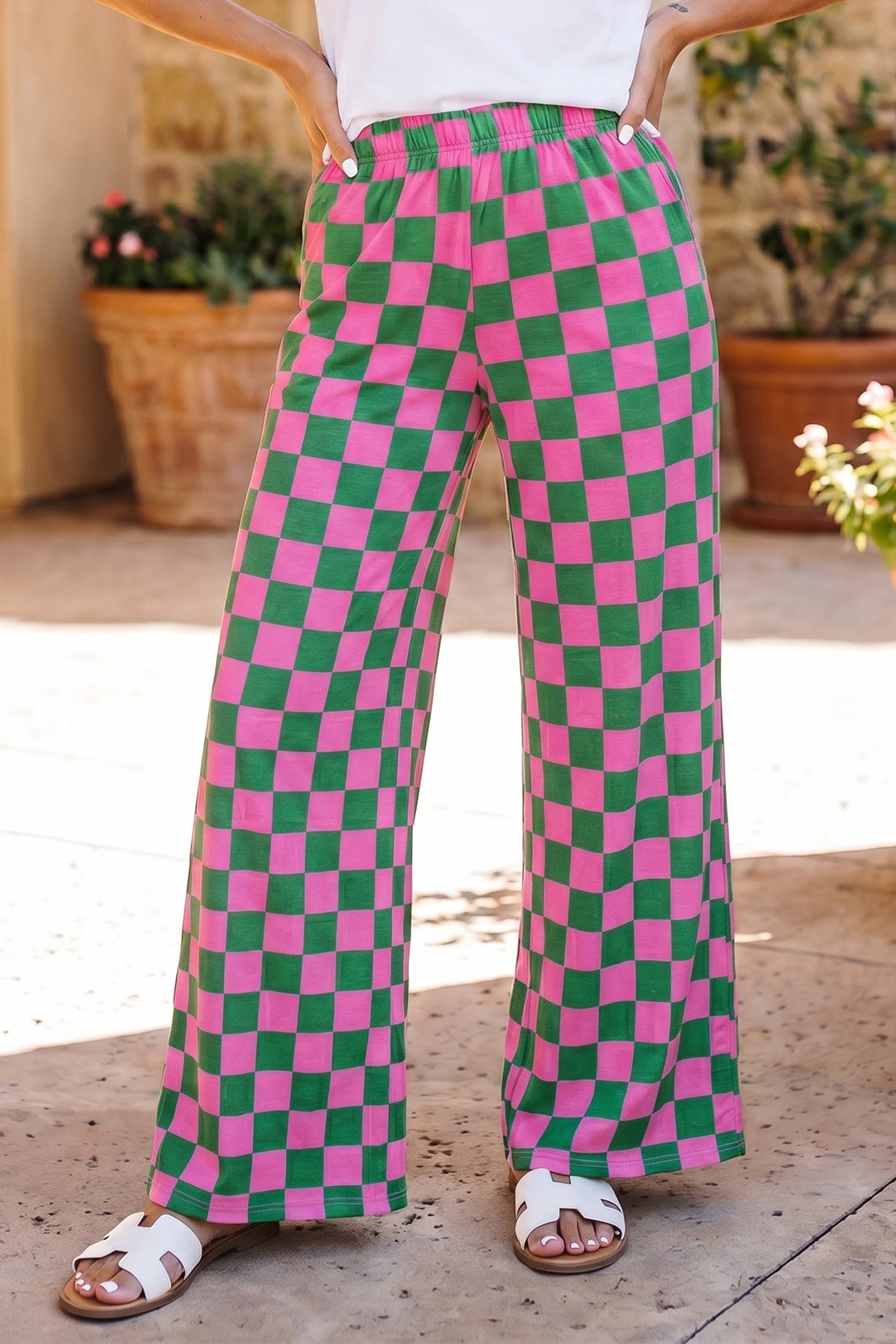 Green 2-Tone Checked Print High Waist Wide Leg Pants