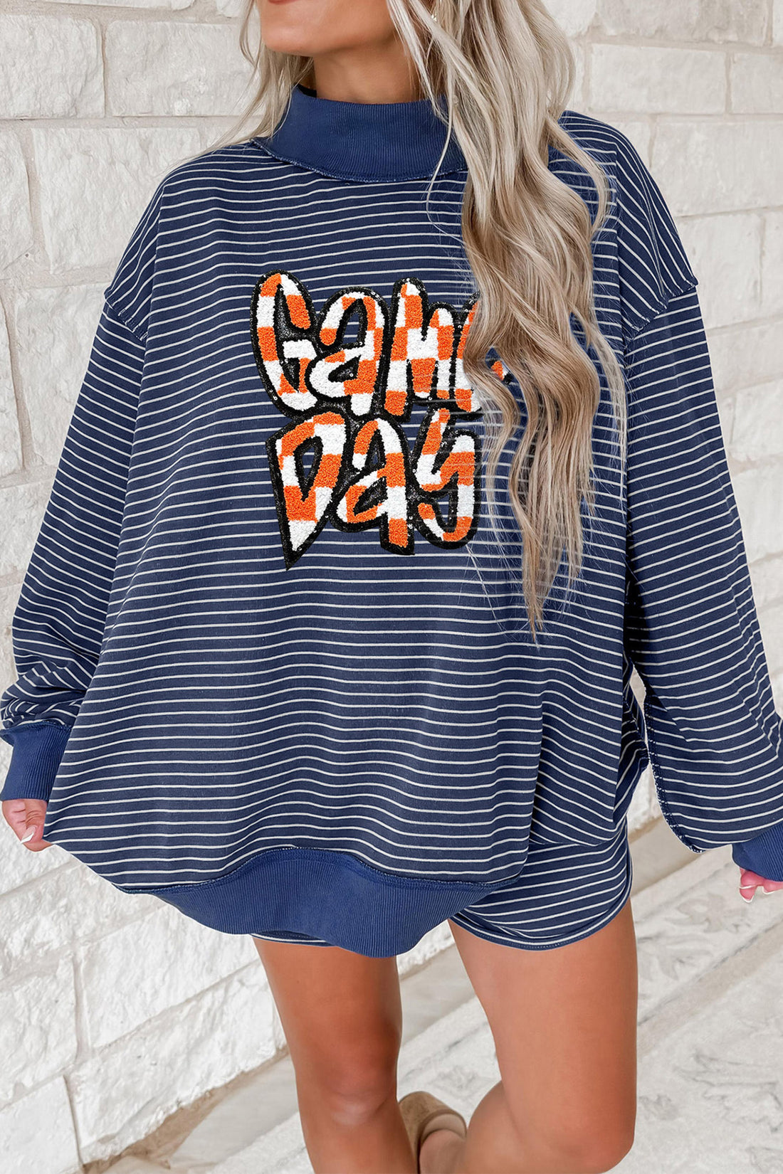 Blue Stripe GAME DAY Letter Print Long Sleeve Two Piece Graphic Shorts Set