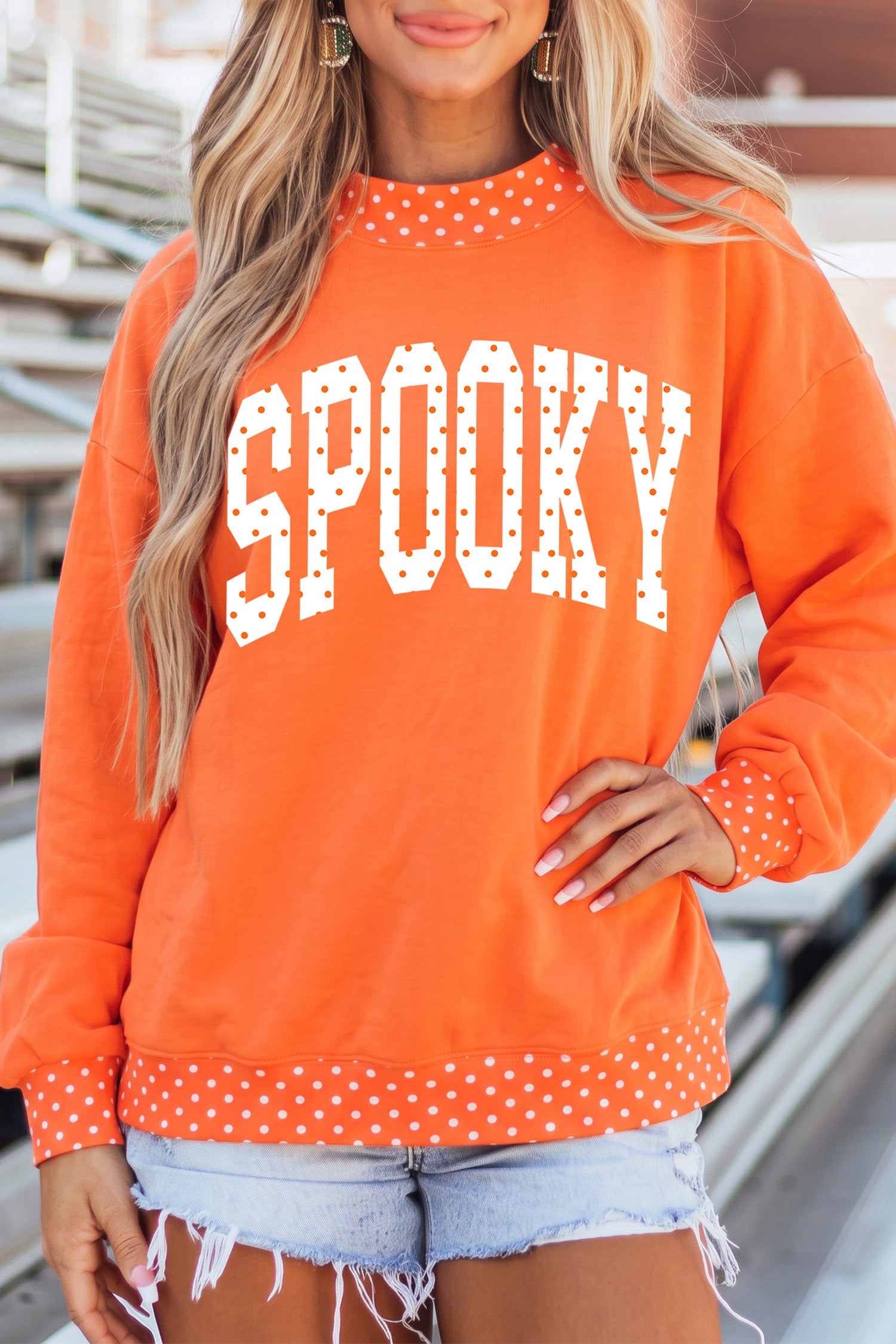 Orange SPOOKY Polka Dot Letter Print Mock Neck Baggy Pullover Sweatshirt