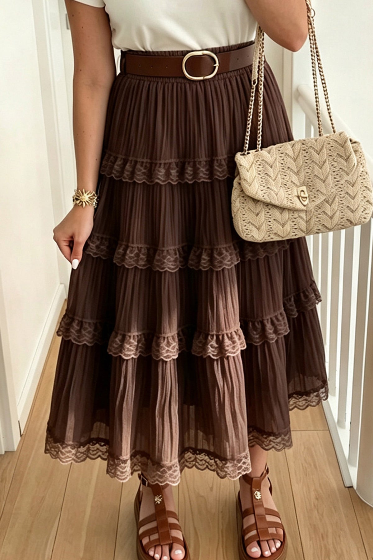 Dark Brown Pleated Tiered Lace Trim Maxi Skirt