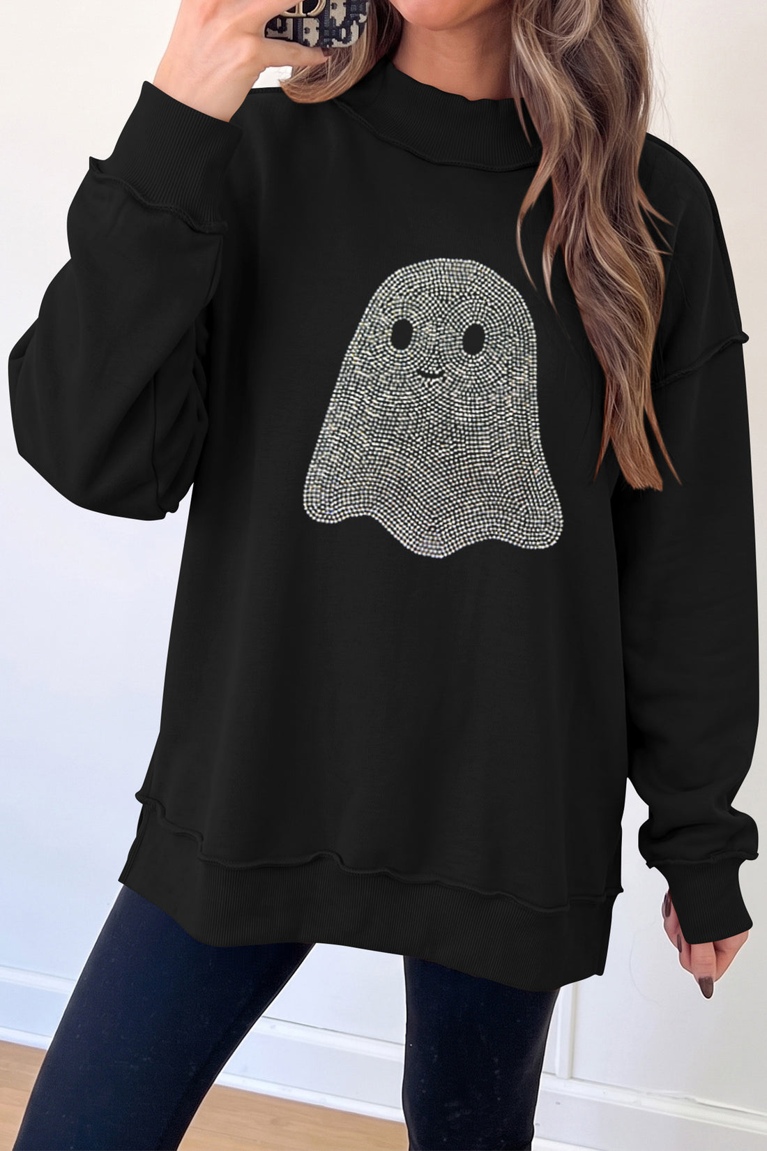 Black Rhinestone Ghost Exposed Seam Mock Neck Halloween Pullover Sweatshirt
