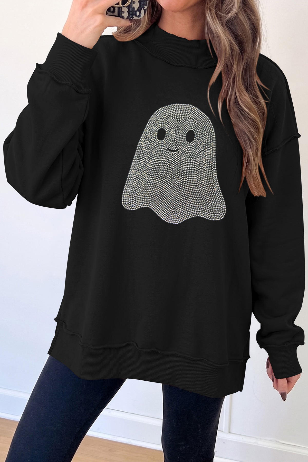 Black Rhinestone Ghost Exposed Seam Mock Neck Halloween Pullover Sweatshirt
