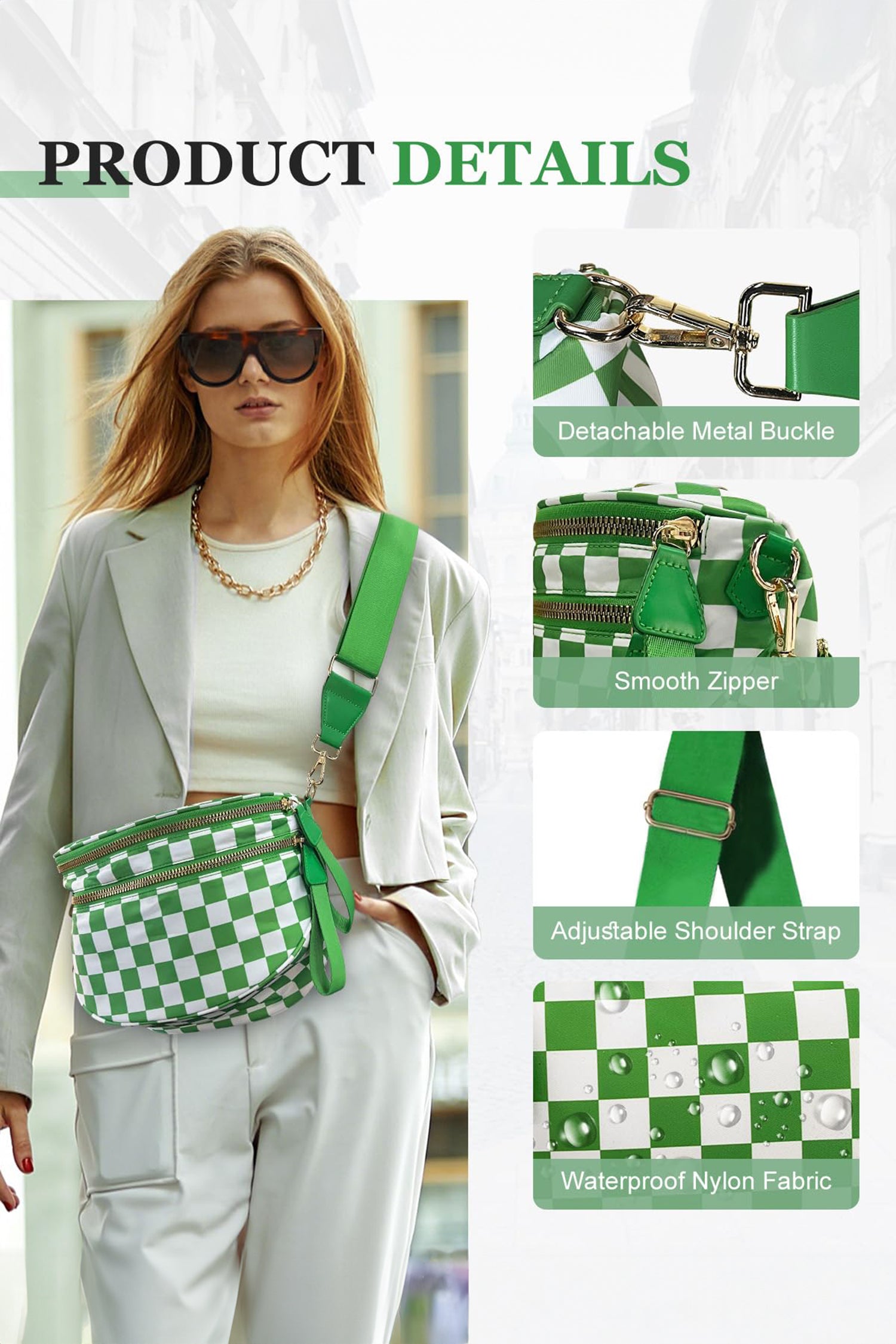 Green Checkered Print Wide Strap Large Crossbody Bag