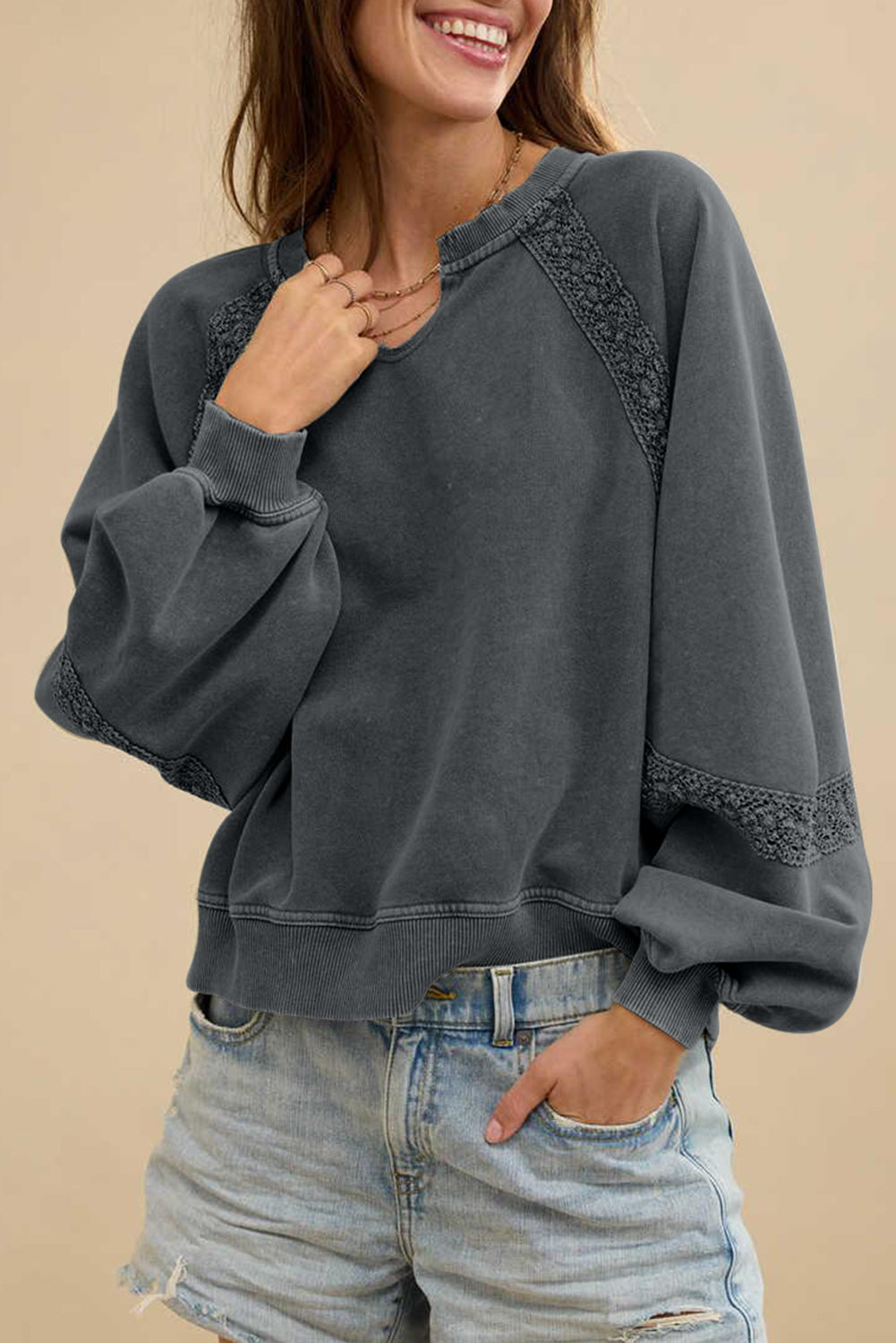Gray Lace Patchwork Detail Notched Neck Mineral Wash Sweatshirt
