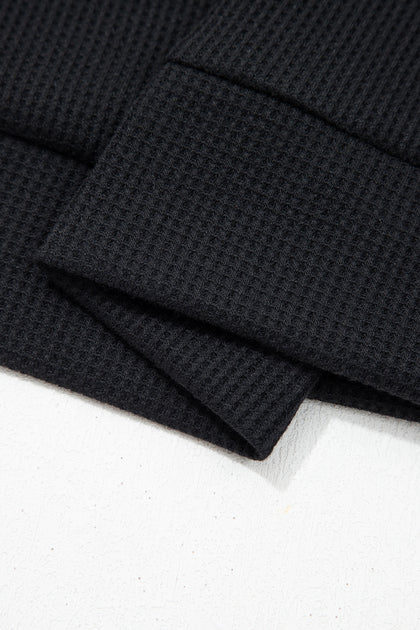Black Waffle Knit Denim Contrast Trim Patchwork Button Polo Collar Top