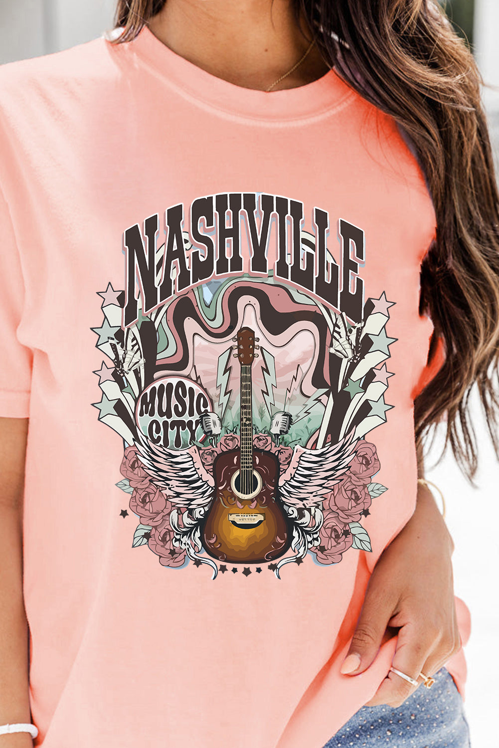 Pink NASHVILLE MUSIC CITY Guitar Graphic T Shirt