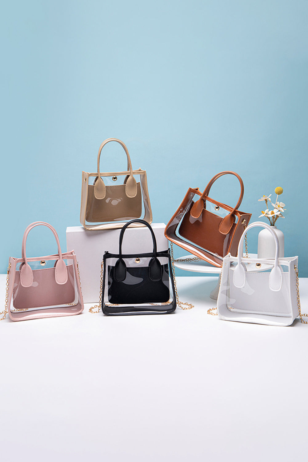 White PVC PU Leather Patchwork Chain Strap Shoulder Bag