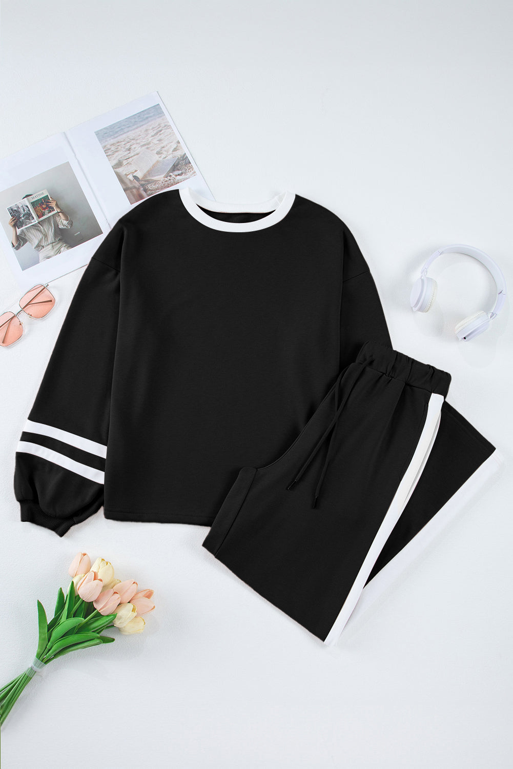 Black Varsity Stripe Patchwork Puff Sleeve Pullover Drawstring Wide Leg Pant Set