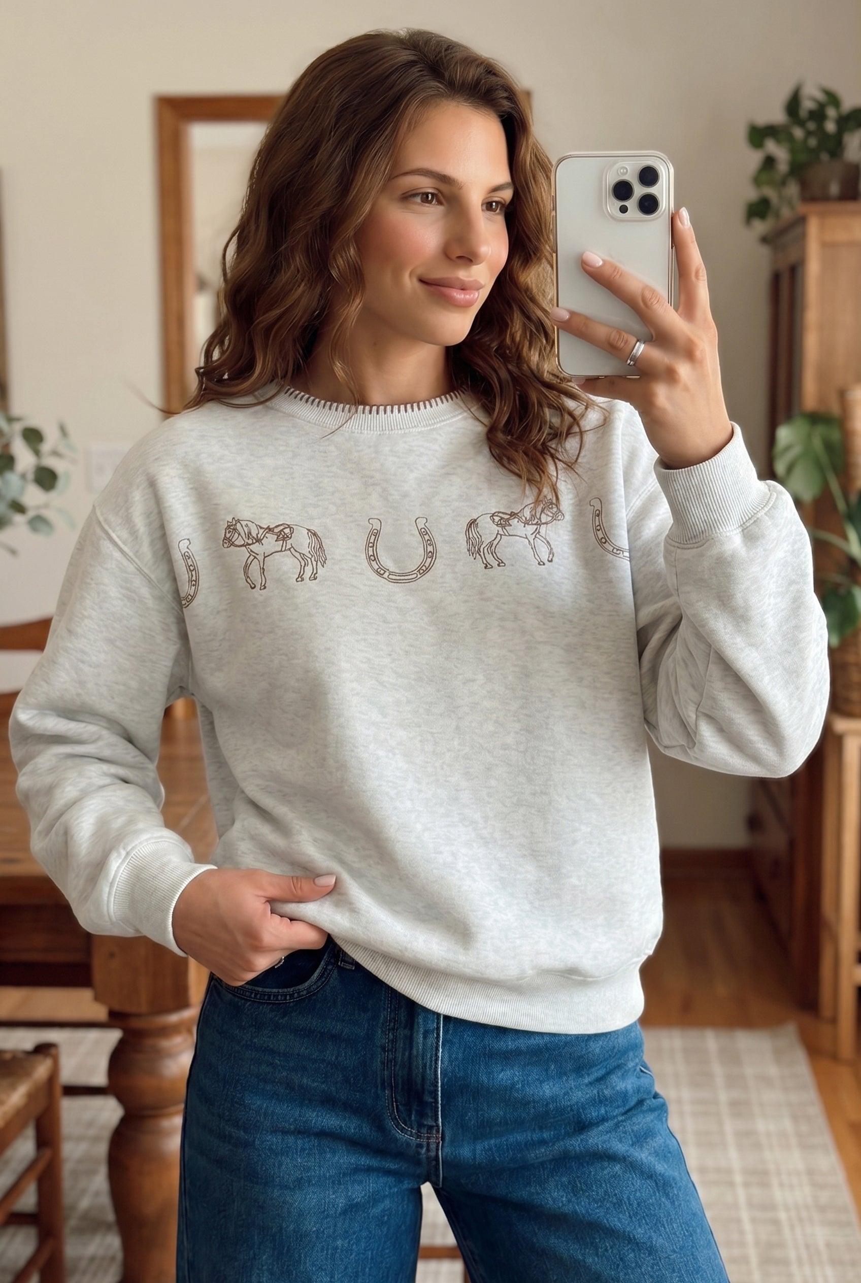 Light Grey Western Print Embroidered Casual Sweatshirt