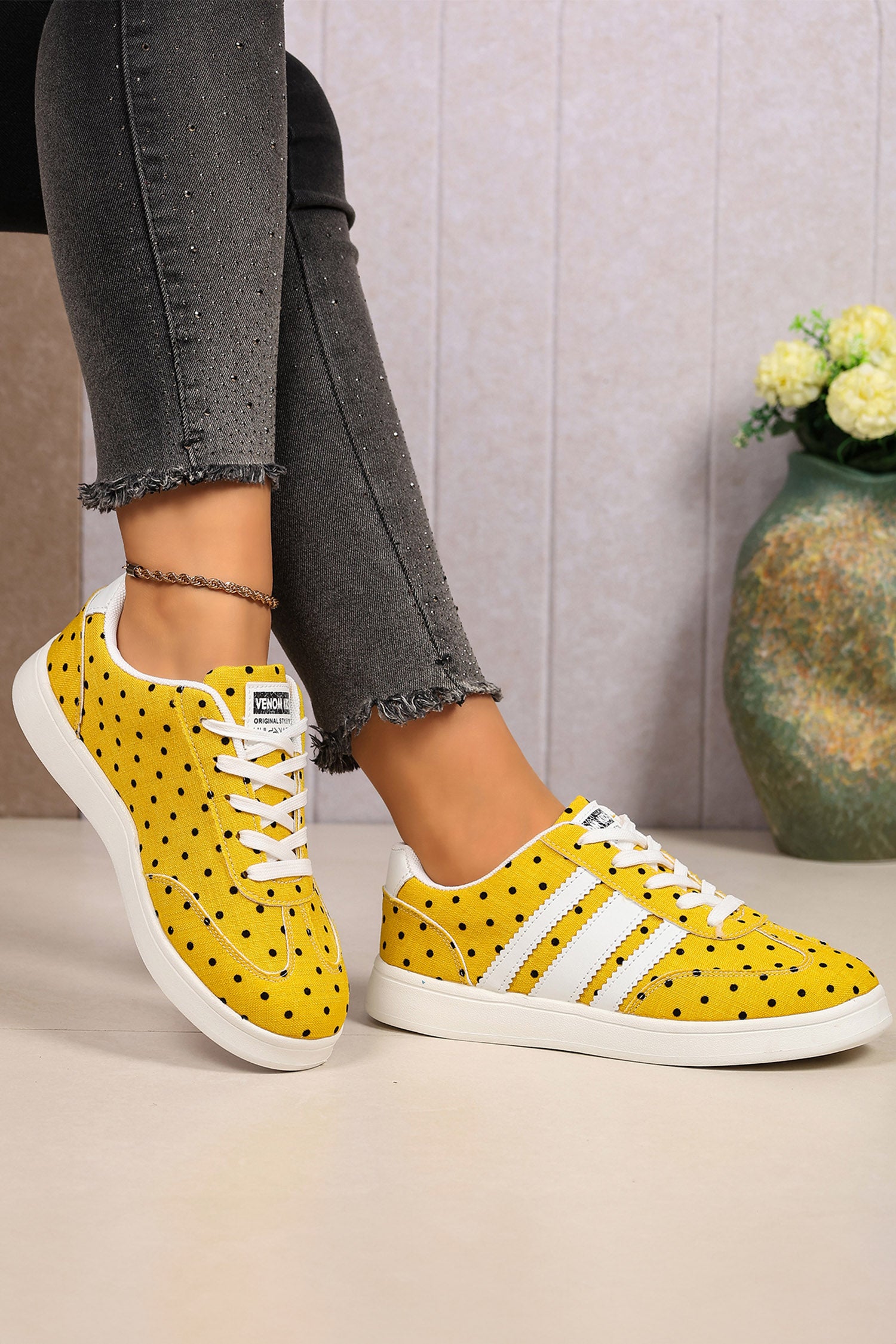 Ginger Polka Dot Print PU Leather Detail Lace Up Casual Shoes
