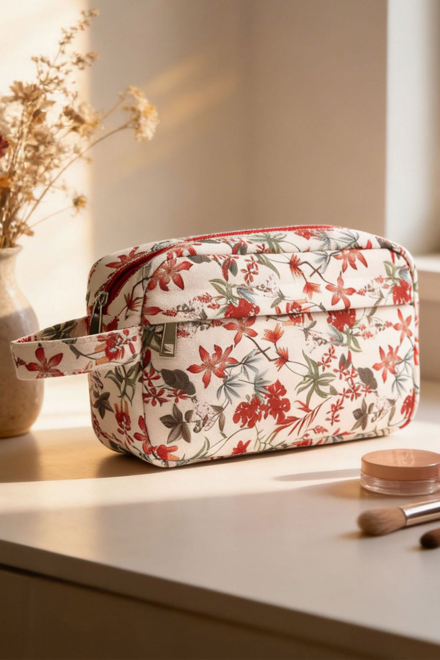 Fiery Red Floral Canvas Durable Zipper Cosmetic Bag for Travel Storage