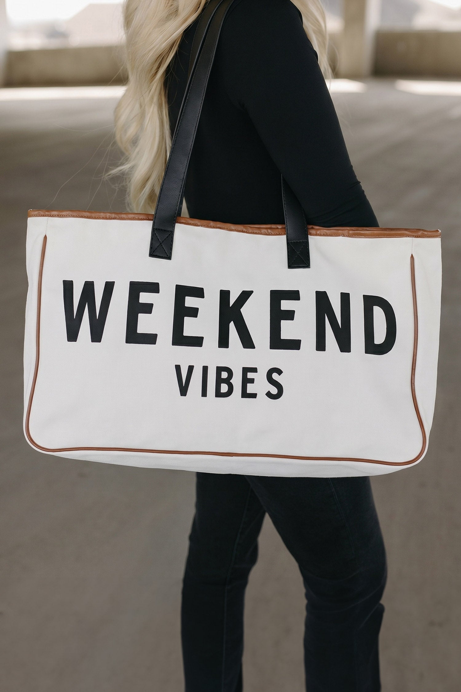White Weekend Vibes Print Summer Travel Canvas Tote Bag