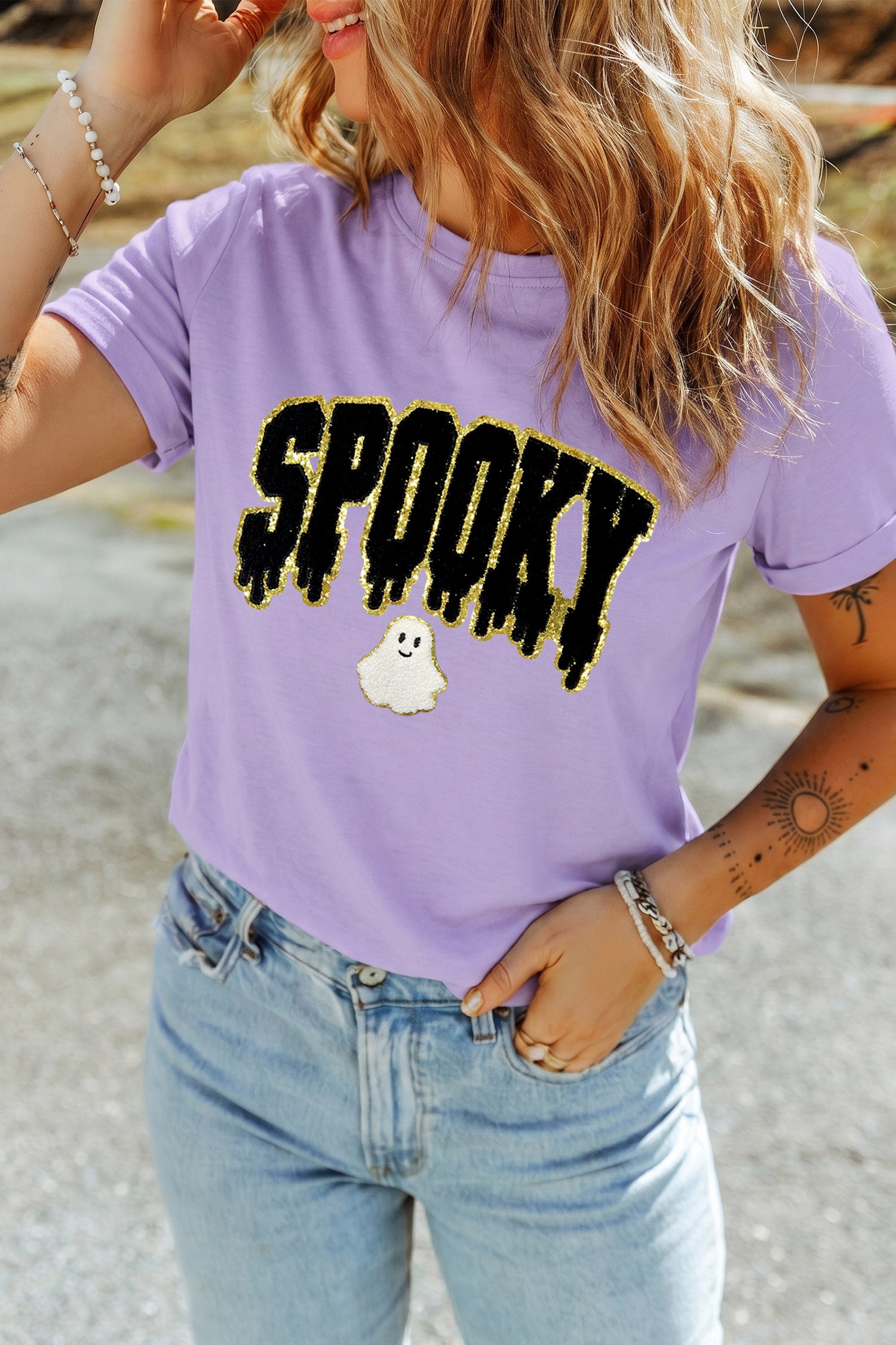 Wisteria Short Sleeve Round Neck Spooky Ghost Letter Print Casual T-Shirt