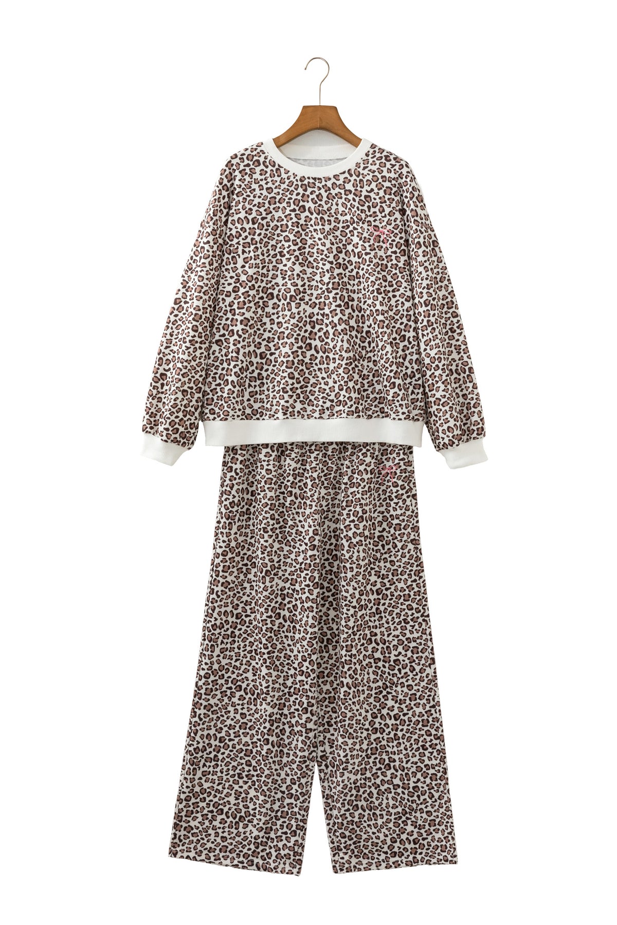 Khaki Leopard Print Embroidery Colorblock Details Pant Set
