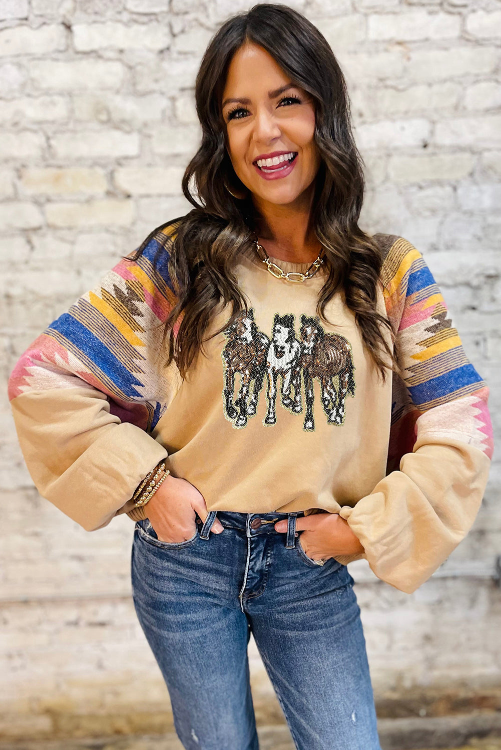 Light French Beige Sequined Western Horses Graphic Aztec Bubble Sleeve Western Fashion Sweatshirt