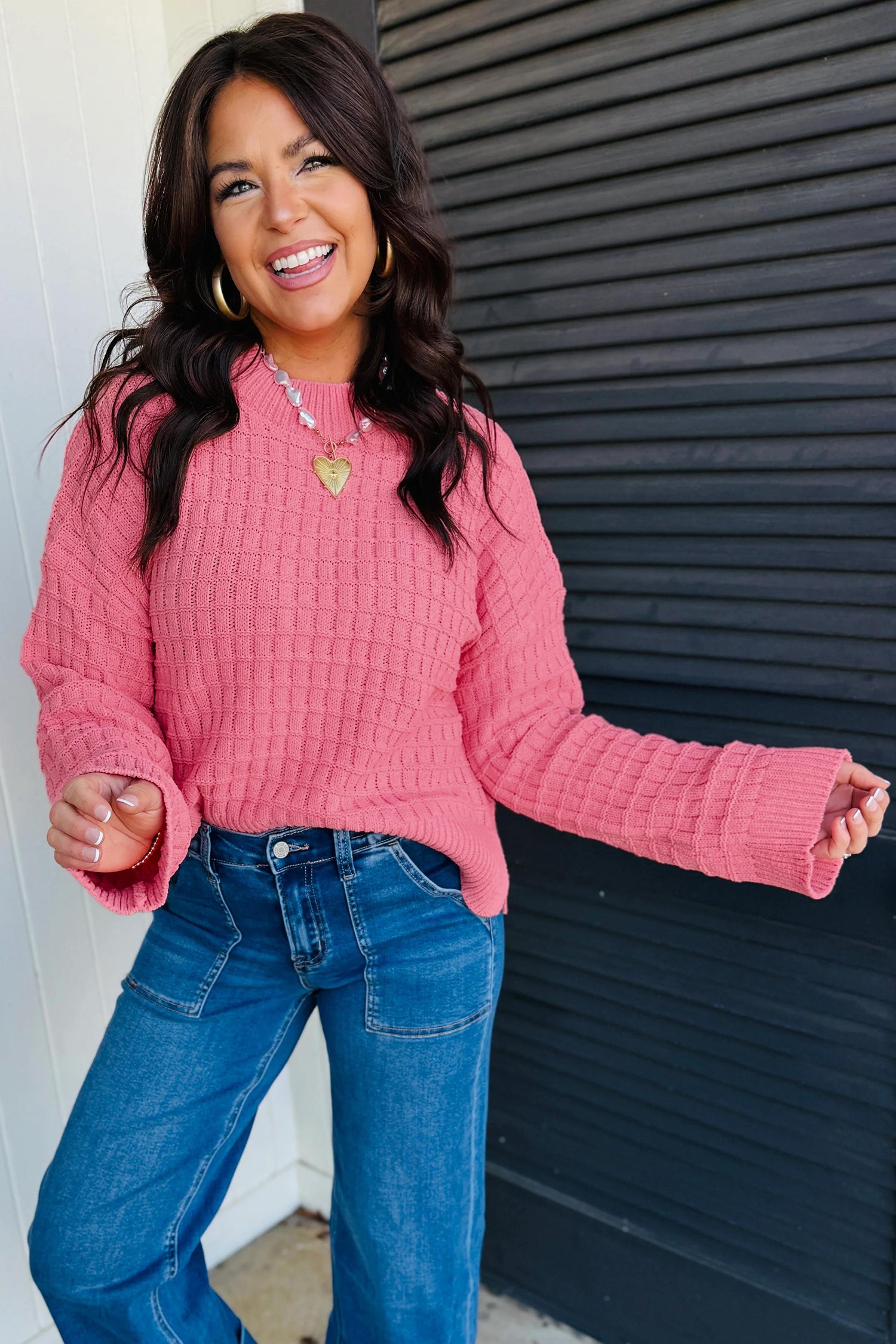 Peach Blossom Drop Shoulder Long Sleeve Knit Regular Fit Sweater
