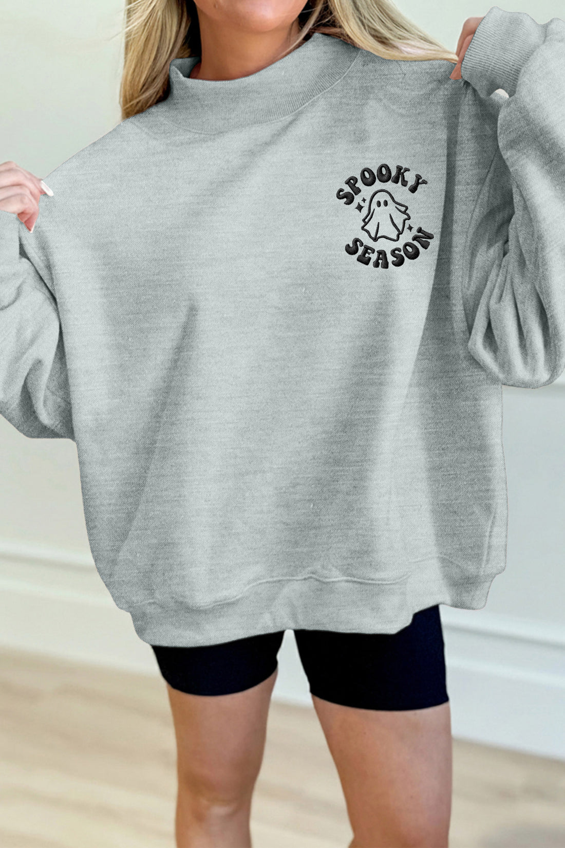 Gray Embroidered Spooky Season Mock Neck Casual Sweatshirt