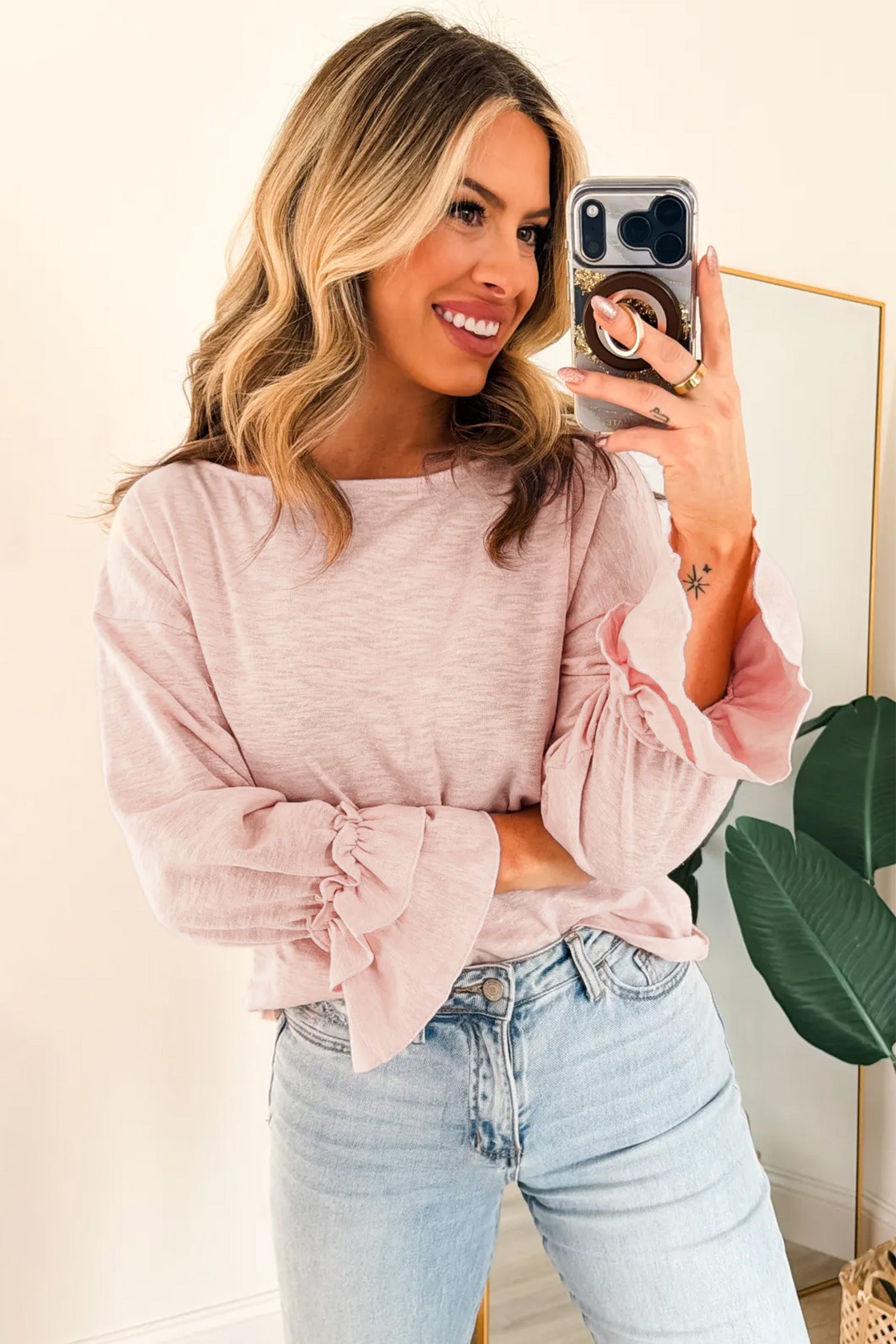Gossamer Pink Long-Sleeve Pullover with Ruffled Sleeves