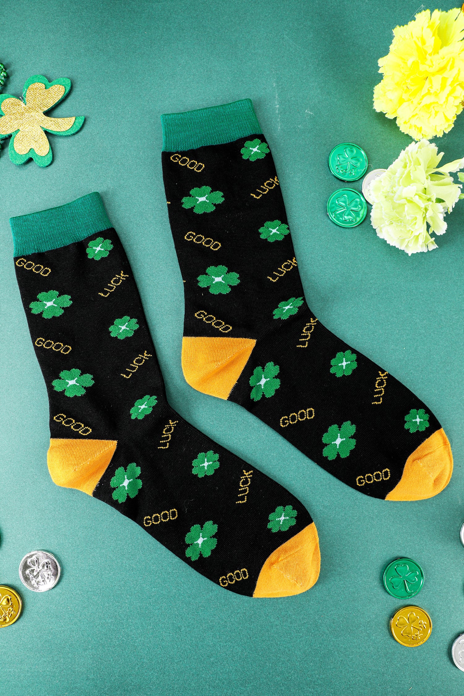 Dark Green GOOD LUCK St Patrick Clover Color Block Socks 