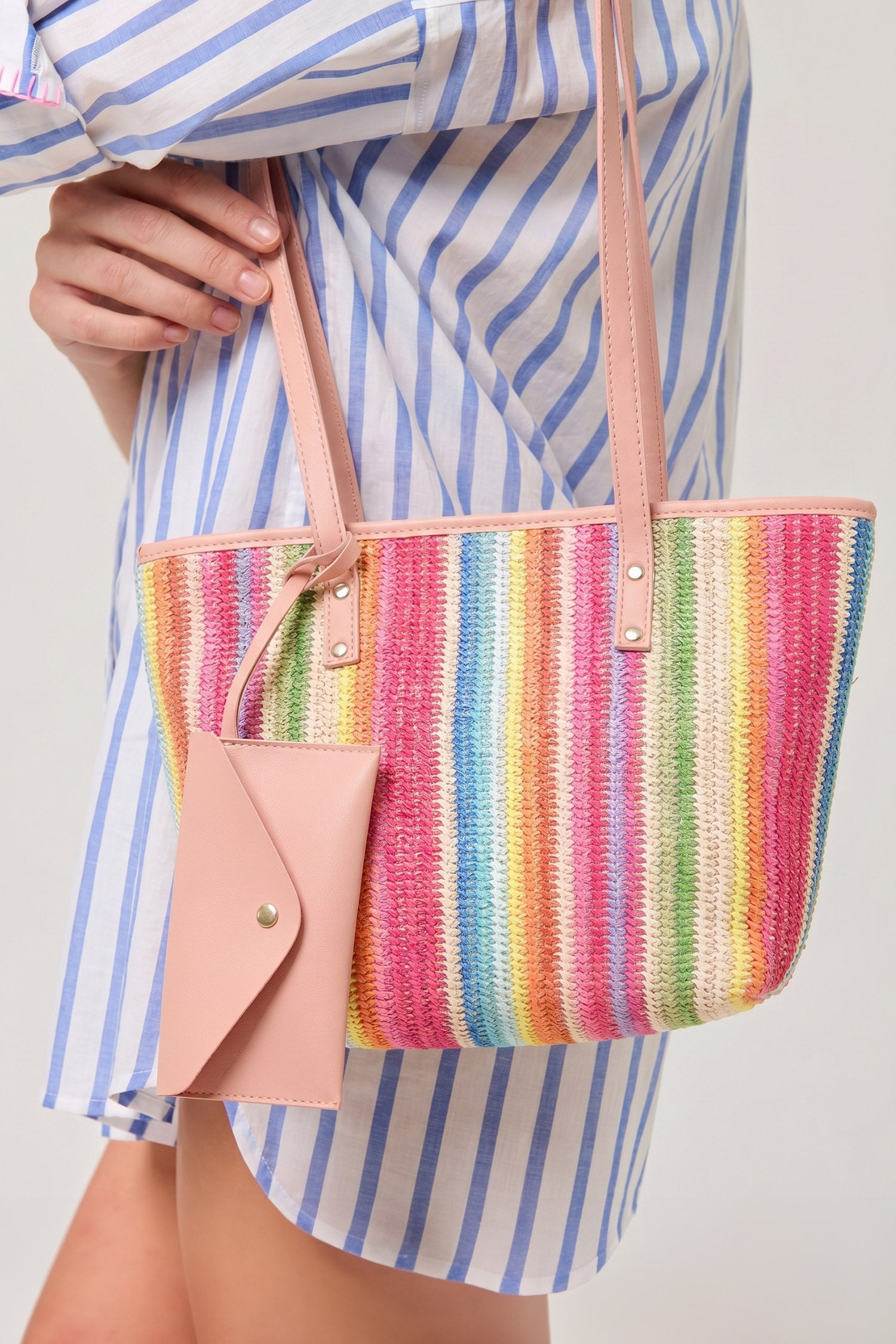 Bonbon Boho Crochet Straw Beach Tote Bag with Travel Purse