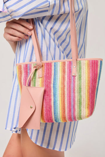 Bonbon Boho Crochet Straw Beach Tote Bag with Travel Purse