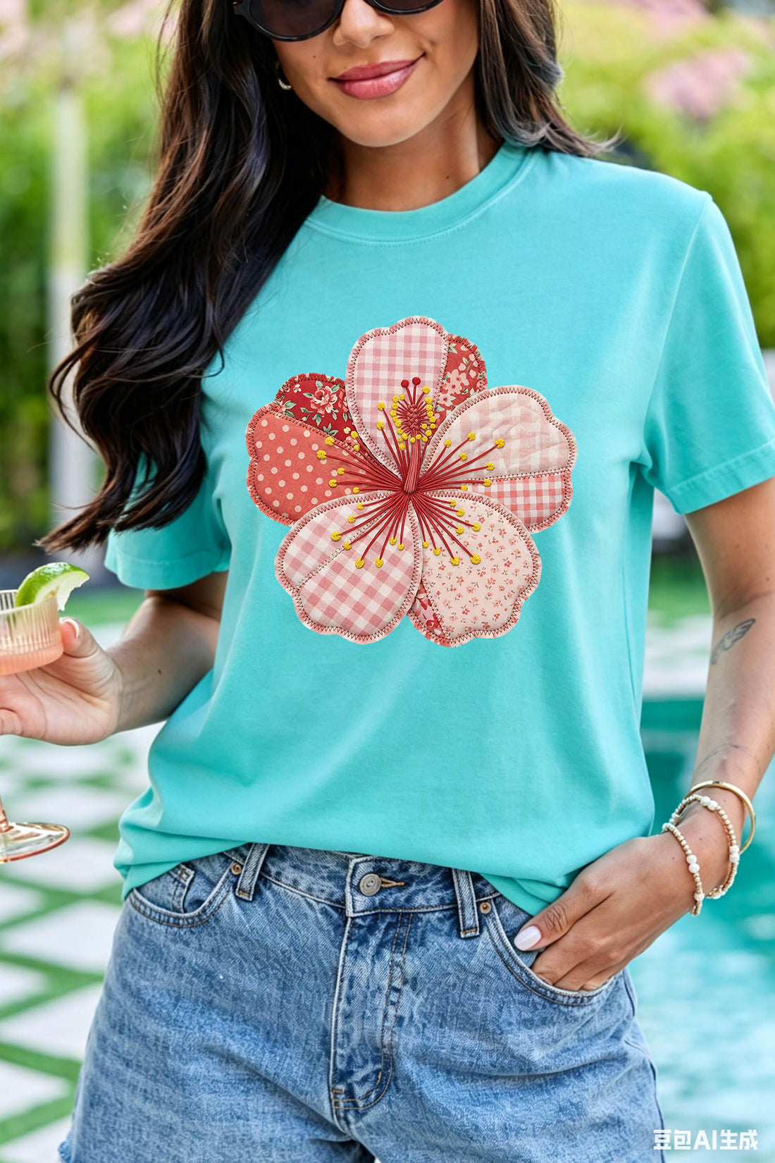 Mint Green Patchwork Floral Printed Beach Vacation Casual Tee