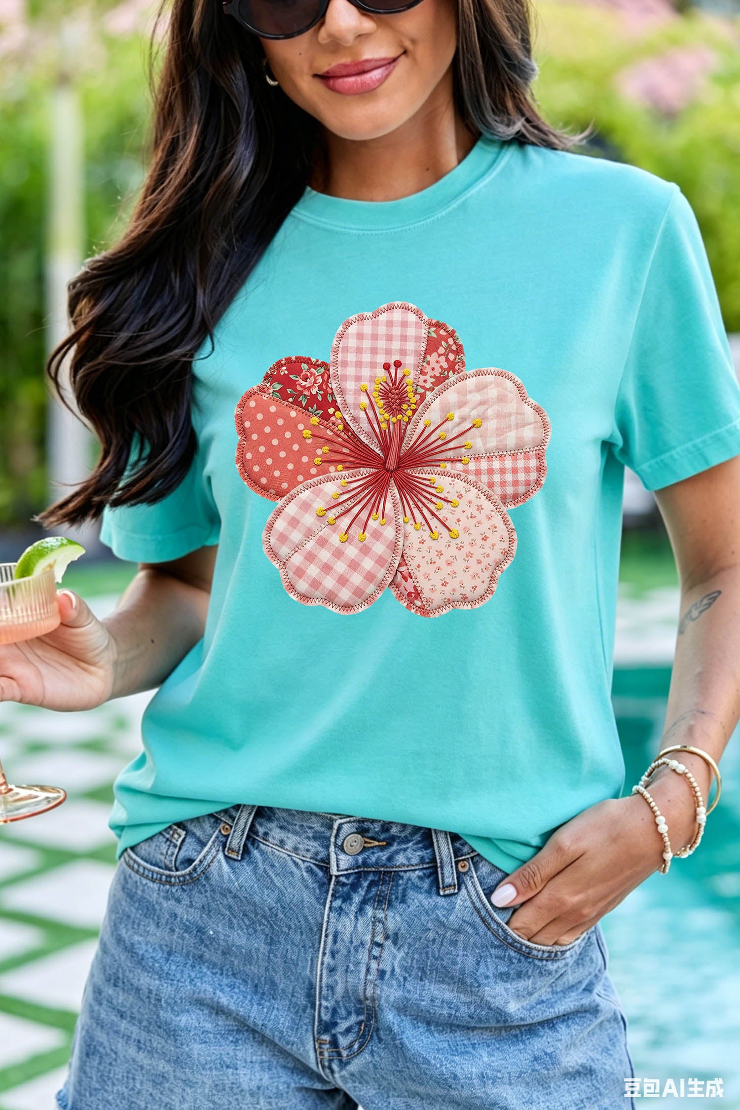 Mint Green Patchwork Floral Printed Beach Vacation Casual Tee