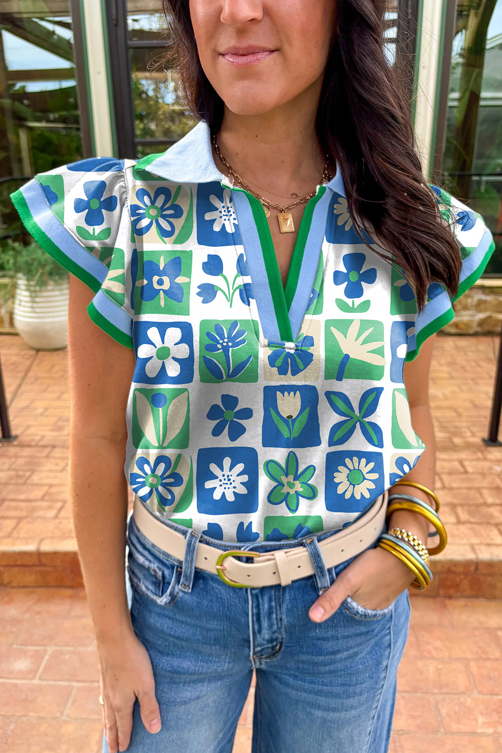 Green Floral Plaid Colorblock Trim Collar Flutter Sleeve Blouse