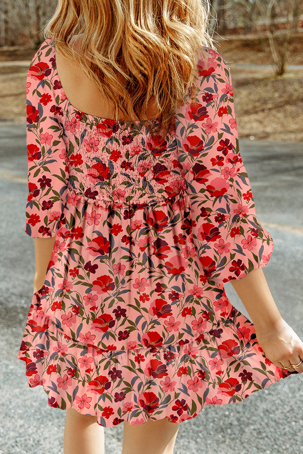 Red Floral 3/4 Sleeve Square Neck Smocked Mini Dress