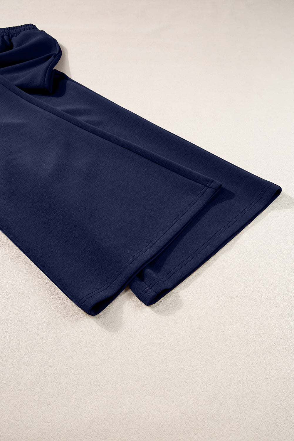 Navy Blue Solid Color Cowl Neck Drawstring Pullover Wide Leg Athleisure Pants Set