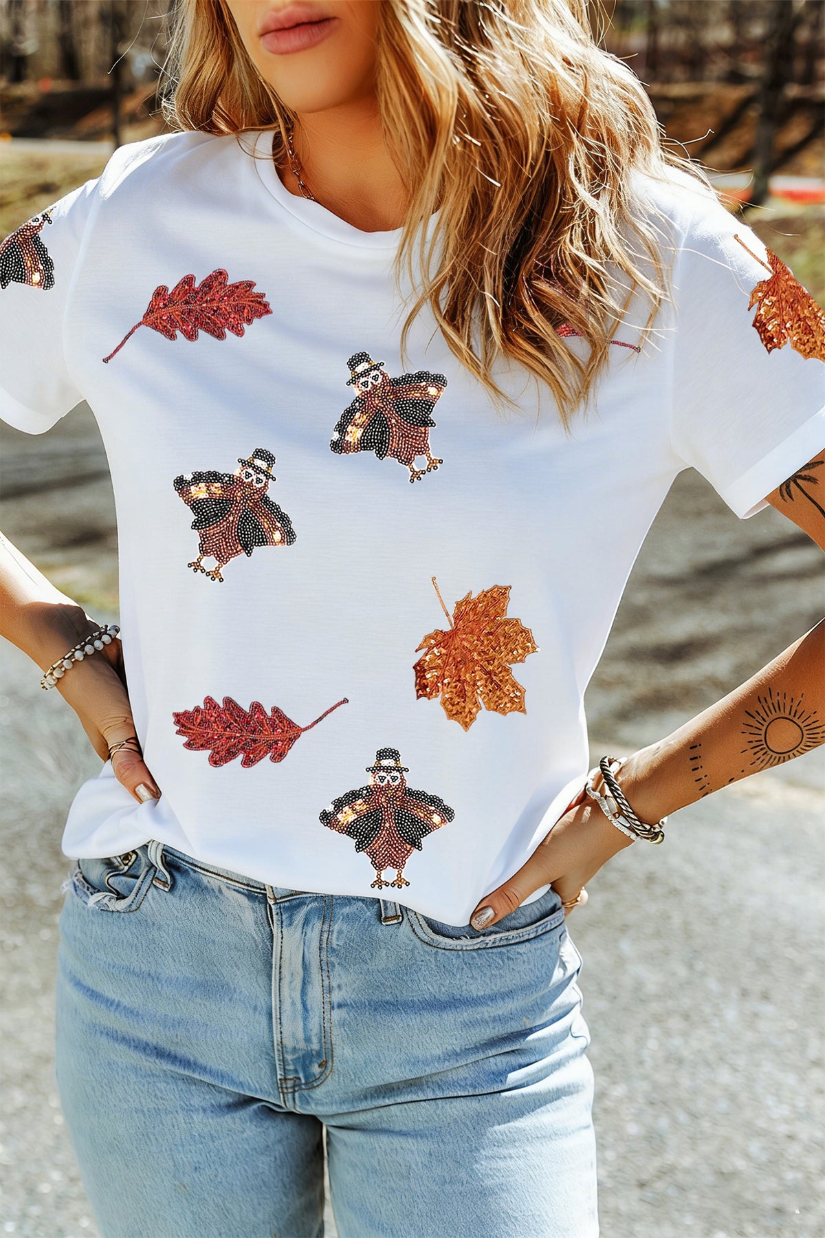 White Sequin Autumn Leaf Thanksgiving Turkey Graphic T Shirt