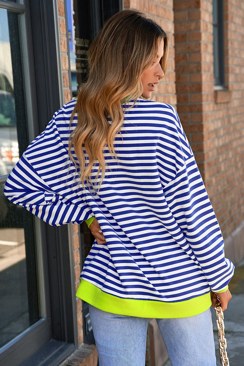 Sky Blue Stripe Striped Contrast Ribbed Trim Drop Shoulder Baggy Sweatshirt