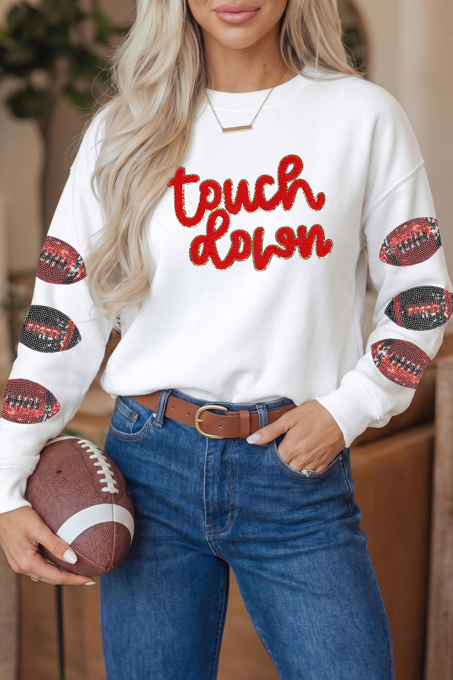 White Game Day Touch Down Sequin Rugby Long Sleeve Tee