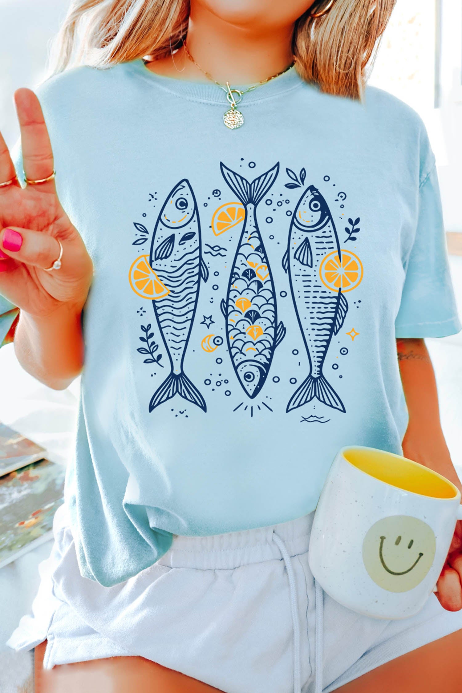 Light Blue Lemon Fishes Printed Loose T Shirt